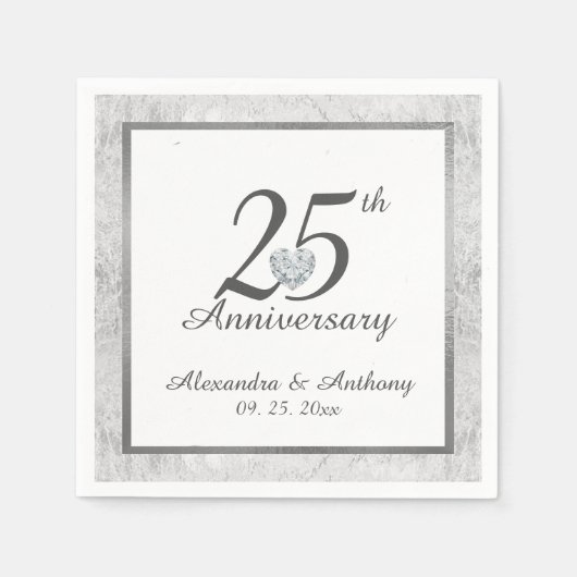 パーソナライズされた第25回シルバ結婚ー記念日ハート スタンダードカクテルナプキン (正面)