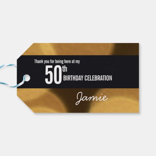 パーソナライズされた第50誕生日金ゴールドと黒《写真》ぼけ味 ギフトタグ (裏面横)