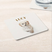 パーソナライズされた紙コースター – 犬の写真と名前 スクエアペーパーコースター (アングル)