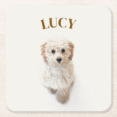 パーソナライズされた紙コースター – 犬の写真と名前 スクエアペーパーコースター (正面)