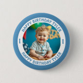 パーソナライズされた紙吹雪写真、名前、年齢誕生日 缶バッジ (正面)