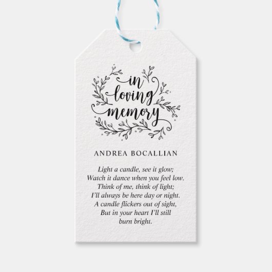 パーソナライズされた素朴つる植物、ブラックフォント、葬儀ラベル ギフトタグ (正面)