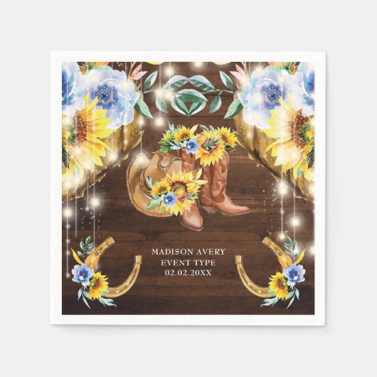 パーソナライズされた素朴フローラストリングライトをブート スタンダードカクテルナプキン (正面)