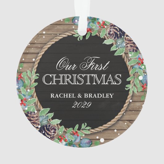 パーソナライズされた素朴初めてのクリスマス オーナメント (裏面)