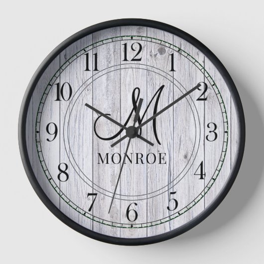 パーソナライズされた素朴木モノグラムファミリ名 壁時計 (正面)