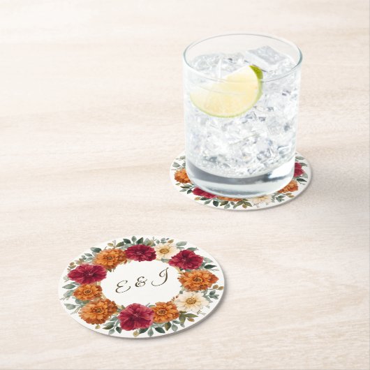 パーソナライズされた素朴秋結婚フローラ ラウンドペーパーコースター (インサイチュ)