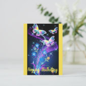 パーソナライズされた紫黄色青のスパークル蝶 ポストカード (スタンド正面)