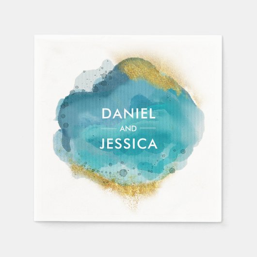 パーソナライズされた結婚のナプキン |青と金ゴールド スタンダードカクテルナプキン (正面)