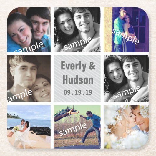 パーソナライズされた結婚の写真モダンコラージュ スクエアペーパーコースター (正面)