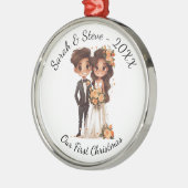 パーソナライズされた結婚の夫婦、初めてのクリスマス メタルオーナメント (左)