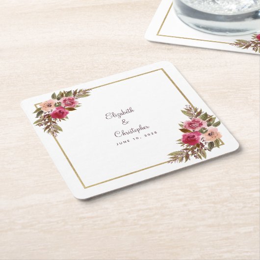 パーソナライズされた結婚の水色エレガントフローラ スクエアペーパーコースター (アングル)