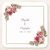 パーソナライズされた結婚の水色エレガントフローラ スクエアペーパーコースター (正面)