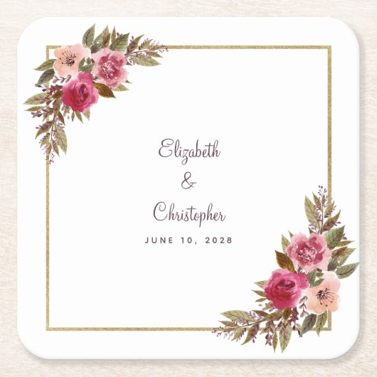 パーソナライズされた結婚の水色エレガントフローラ スクエアペーパーコースター (正面)