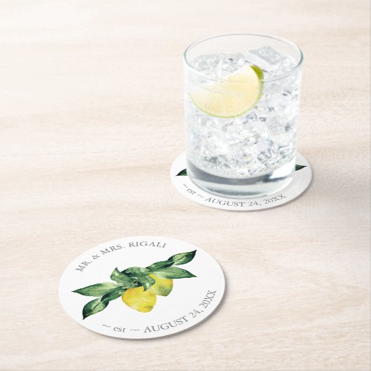 パーソナライズされた結婚の水色レモン ラウンドペーパーコースター (インサイチュ)
