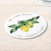 パーソナライズされた結婚の水色レモン ラウンドペーパーコースター (アングル)