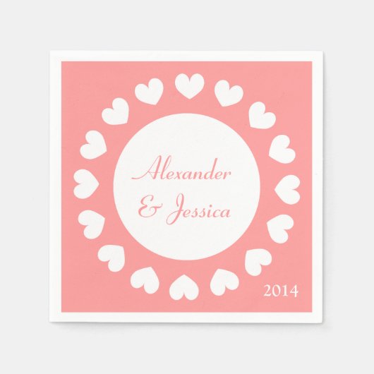 パーソナライズされた結婚ナプキン | サンゴとハート スタンダードカクテルナプキン (正面)