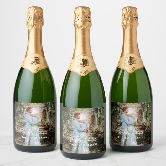 パーソナライズされた結婚ポートレートモダン書 スパークリングワインラベル (ボトル)