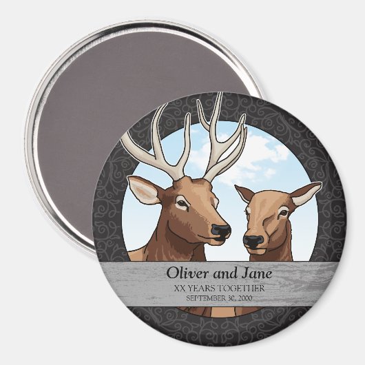 パーソナライズされた結婚周年記念エルクペア マグネット (正面/裏面)