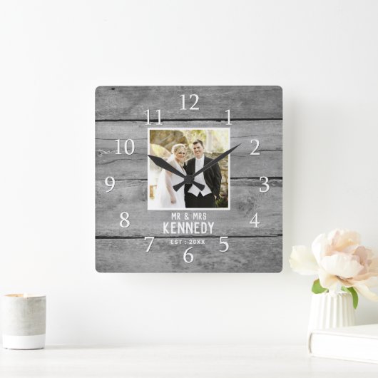 パーソナライズされた結婚周年記念写真素朴木材 スクエア壁時計 (ホーム)