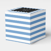 パーソナライズされた結婚式の引き出物箱 |青ストライプ白 フェイバーボックス (正面サイド)