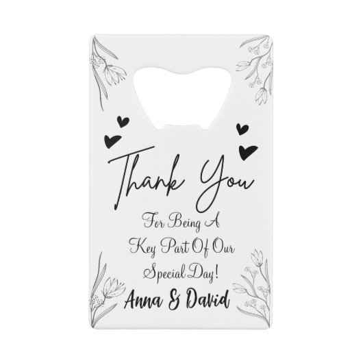 パーソナライズされた結婚式の引き出物 クレジットカード栓抜き (正面)