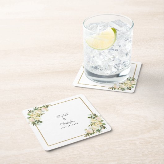 パーソナライズされた結婚水エレガント色バラ白 スクエアペーパーコースター (インサイチュ)