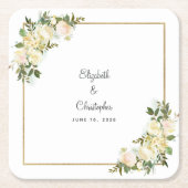 パーソナライズされた結婚水エレガント色バラ白 スクエアペーパーコースター (正面)