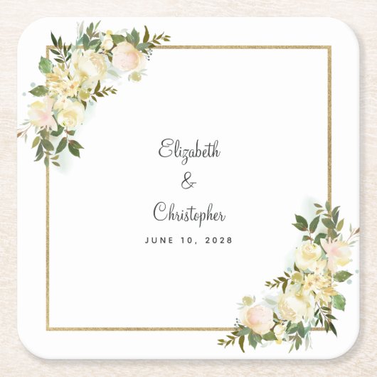 パーソナライズされた結婚水エレガント色バラ白 スクエアペーパーコースター (正面)