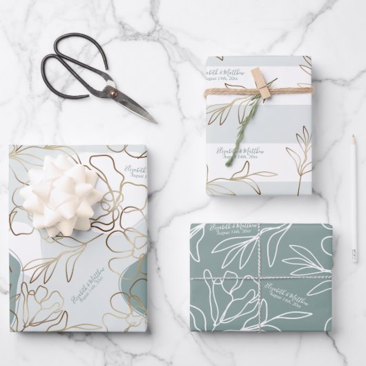 パーソナライズされた結婚自然緑抽象芸術フローラ ラッピングペーパーシート (正面)