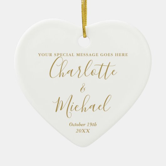 パーソナライズされた結婚1周年記念金ゴールド セラミックオーナメント (正面)