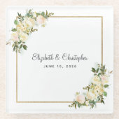 パーソナライズされた結婚 |ホワエレガントイトローズフローラ ガラスコースター (正面)