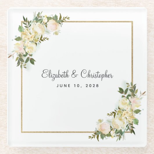 パーソナライズされた結婚 |ホワエレガントイトローズフローラ ガラスコースター (正面)