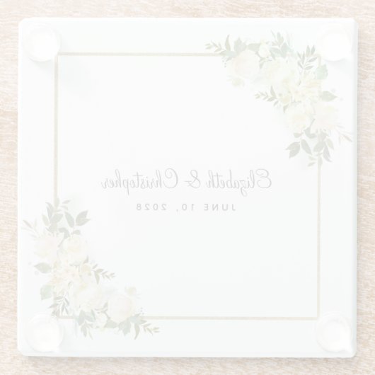 パーソナライズされた結婚 |ホワエレガントイトローズフローラ ガラスコースター (裏面)