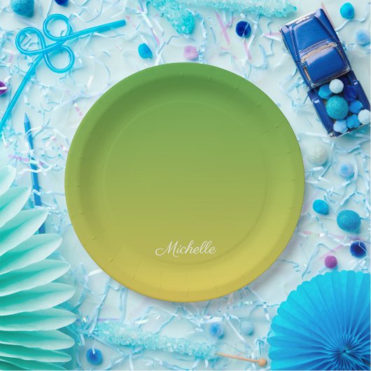 パーソナライズされた緑と黄グラデーション色 ペーパープレート (パーティー)