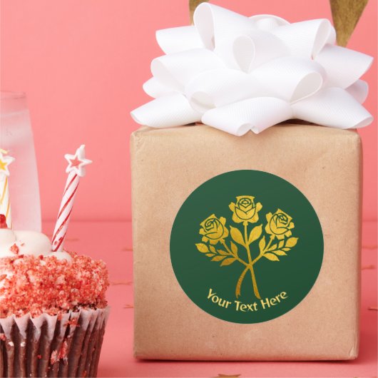 パーソナライズされた緑のフェイク金ゴールドフローラバラ ラウンドシール (パーティー)