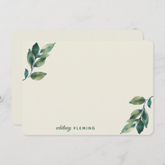 パーソナライズされた緑の水彩セージ緑葉色 ノートカード (正面/裏面)