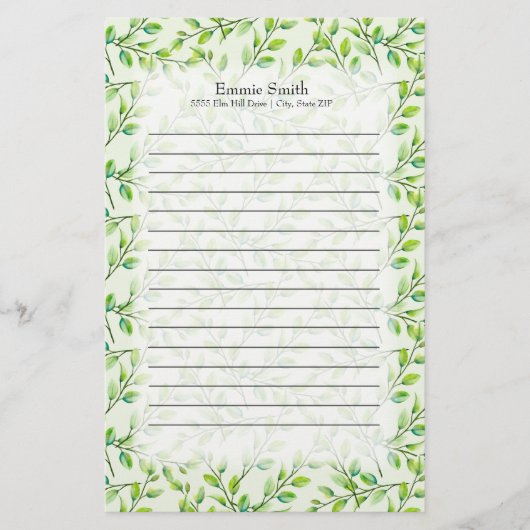 パーソナライズされた緑葉の枝 便箋 (正面)