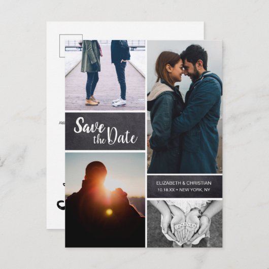 パーソナライズされた縦型の「Save the Date」写真コラージュ 案内ポストカード (正面/裏面)