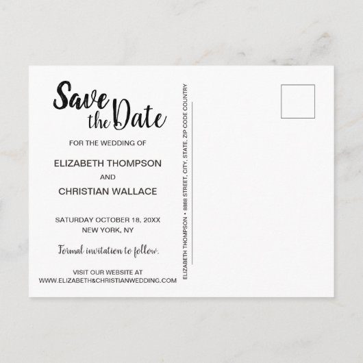 パーソナライズされた縦型の「Save the Date」写真コラージュ 案内ポストカード (裏面)