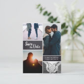 パーソナライズされた縦型の「Save the Date」写真コラージュ 案内ポストカード (スタンド正面)