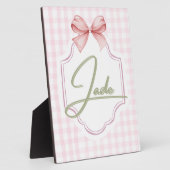 パーソナライズされた翡翠の赤ちゃん女の子の保育園の弓&ギンガム フォトプラーク (側面)