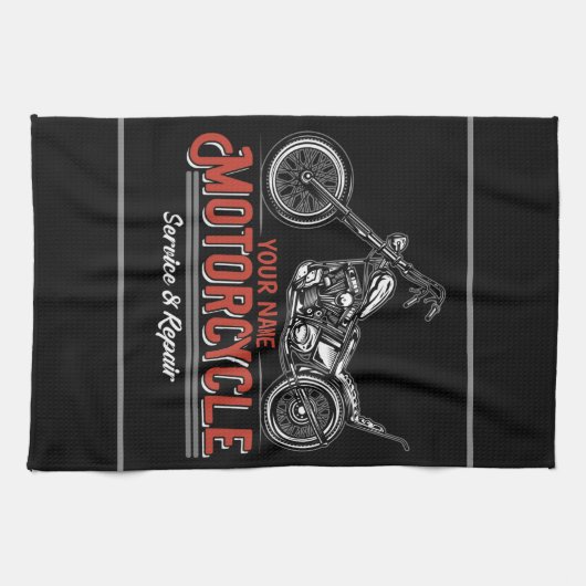 パーソナライズされた自動二輪車サービスバイクもしくは自転車に乗る人修理店 キッチンタオル (横)