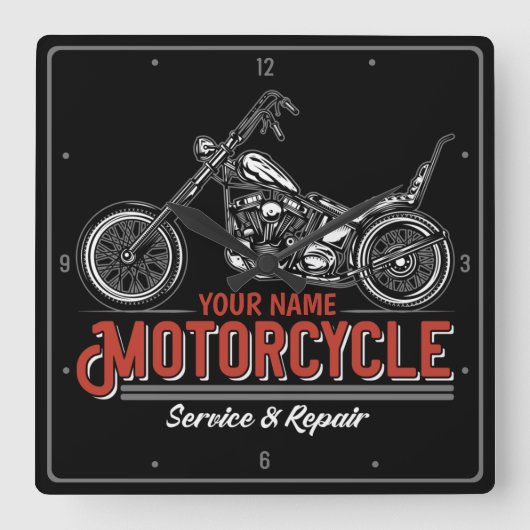 パーソナライズされた自動二輪車サービスバイクもしくは自転車に乗る人修理店 スクエア壁時計 (正面)