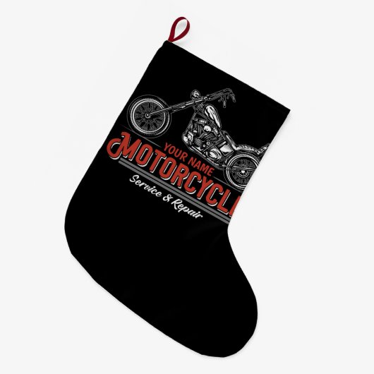 パーソナライズされた自動二輪車修理バイクもしくは自転車に乗る人 ラージクリスマスストッキング (正面 (吊り時))
