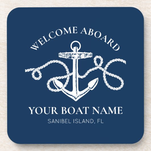 パーソナライズされた航海のいかりボート名ネイビーブルー コースター (正面)
