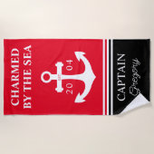 パーソナライズされた航海のいかりボート名ビーチタオル ビーチタオル (正面)