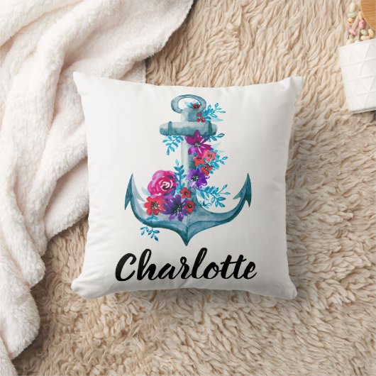 パーソナライズされた航海のフローラ水色いかり クッション (ブランケット)