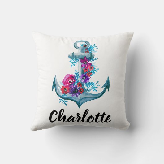 パーソナライズされた航海のフローラ水色いかり クッション (裏面)