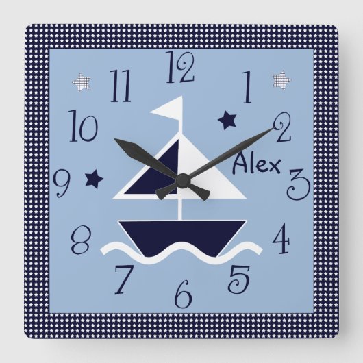 パーソナライズされた航海のヨット&スターズキュートクロック スクエア壁時計 (正面)