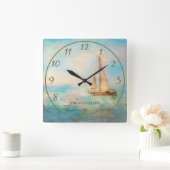 パーソナライズされた航海の帆船と海絵画の スクエア壁時計 (ホーム)